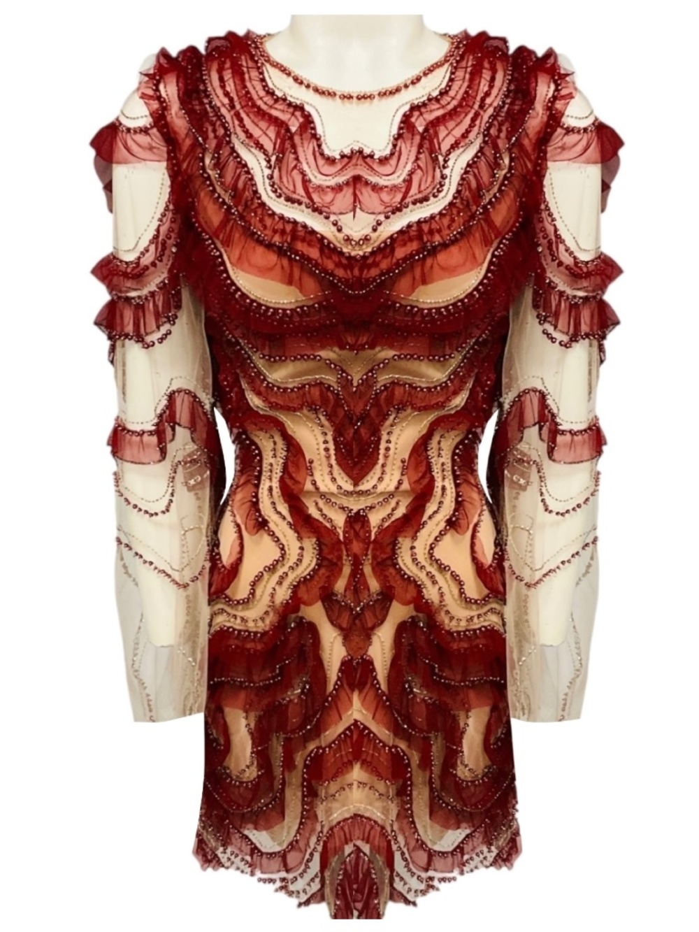 JENNY PACKHAM GARNET RED / NUDE EMBELLISHED MESH TULLE COCKTAIL DRESS